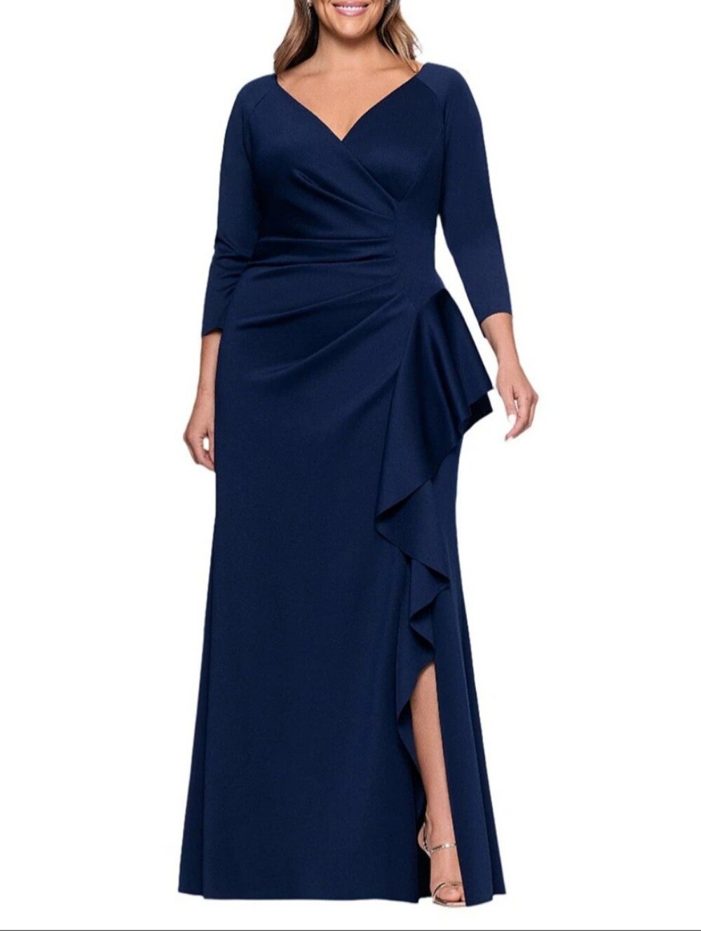 Xscape 20W Midnight Blue Ruched Scuba Ruffle Gown Formal Dress $248 Retail